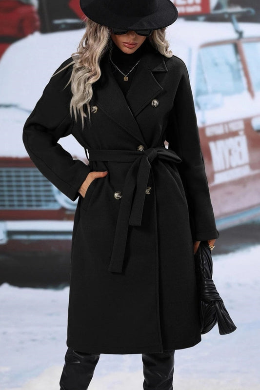 WW | Damen Langer Wolltrenchcoat mit Doppelter Knopfleiste und Reverskragen