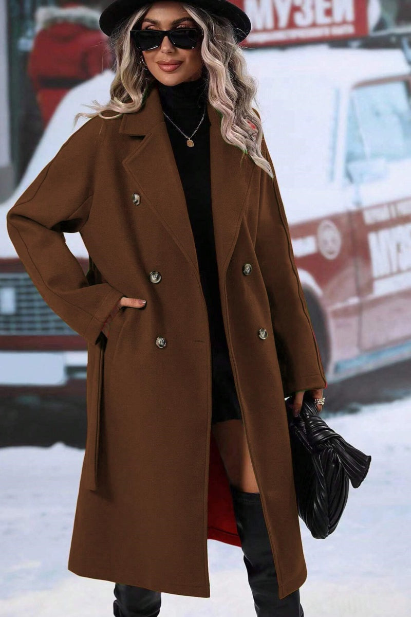 WW | Damen Langer Wolltrenchcoat mit Doppelter Knopfleiste und Reverskragen