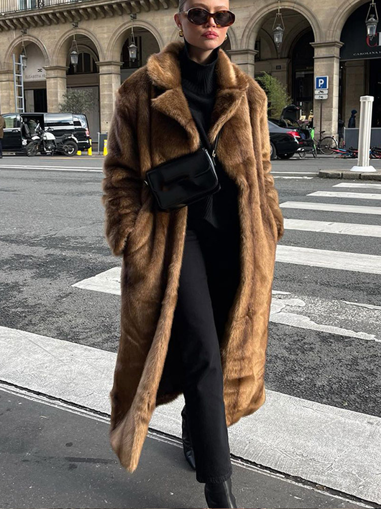 WW | Women's Long Fleece Jacket with Oversized Cut and Wide Lapels