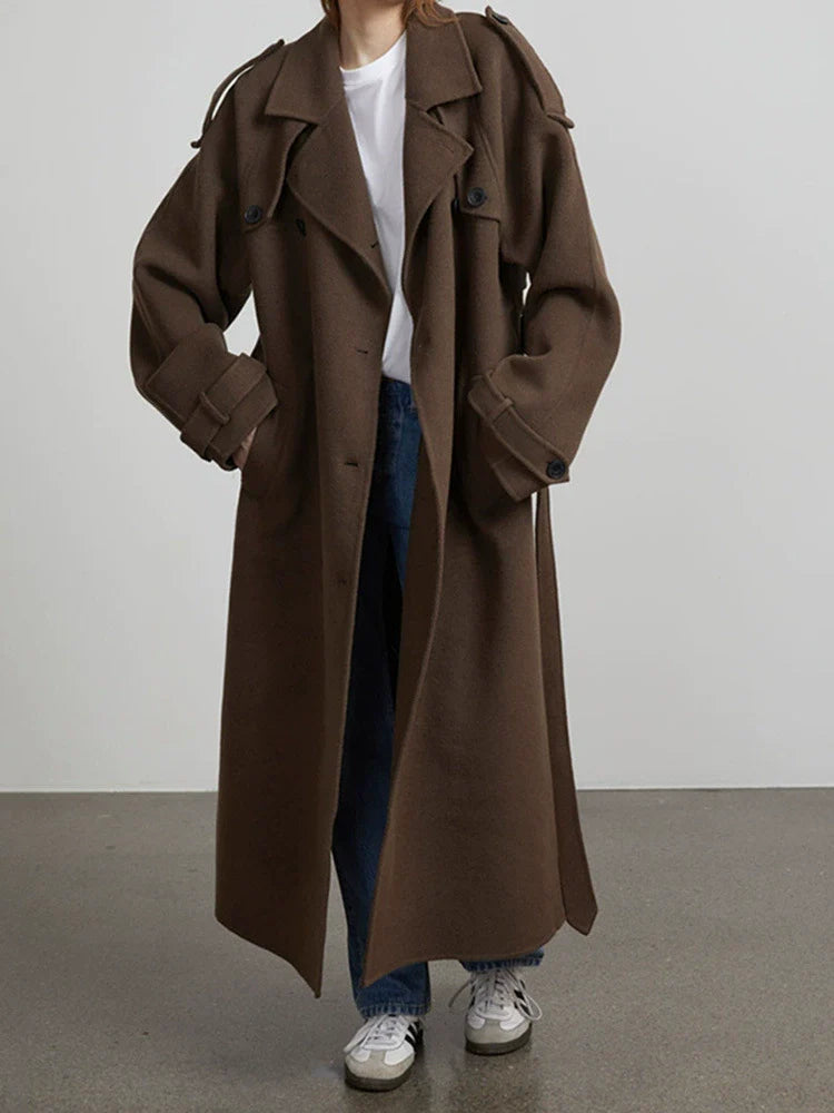 WW | Damen Lange Oversized Trenchcoat mit Doppelter Knopfreihe und Taillengurt