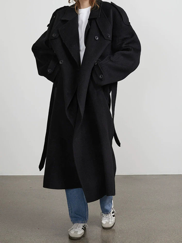 WW | Damen Lange Oversized Trenchcoat mit Doppelter Knopfreihe und Taillengurt
