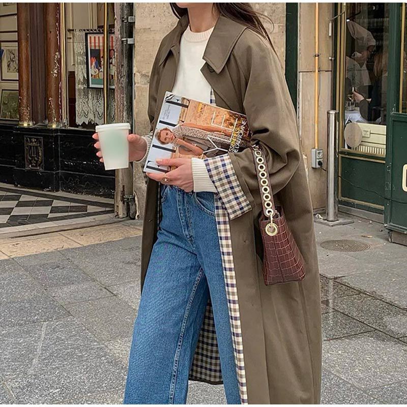 WW | Damen Langer Trenchcoat mit Eleganter Schnitt und Karierter Futter