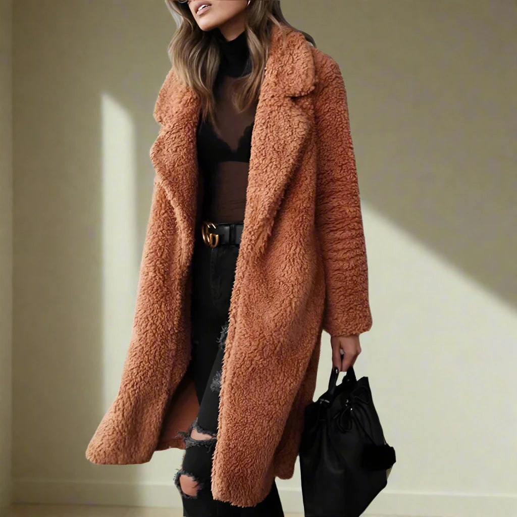 WW | Damen Lange Teddy Jacke Aus Kunstfell mit Reverskragen