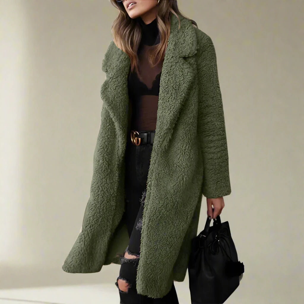 WW | Damen Lange Teddy Jacke Aus Kunstfell mit Reverskragen