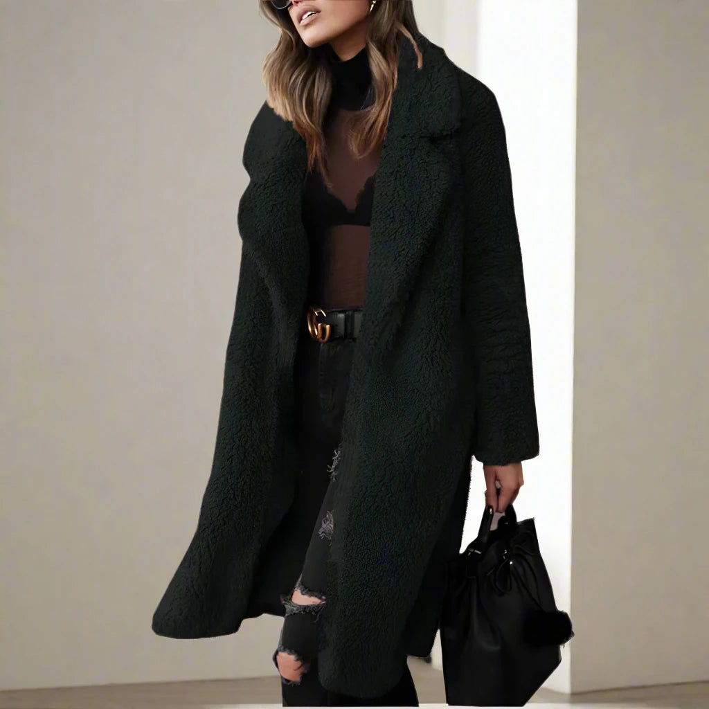 WW | Damen Lange Teddy Jacke Aus Kunstfell mit Reverskragen