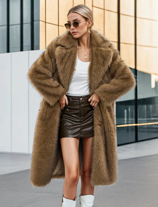 WW | Women's Long Oversized Fur Coat with Elegant Wide Collar