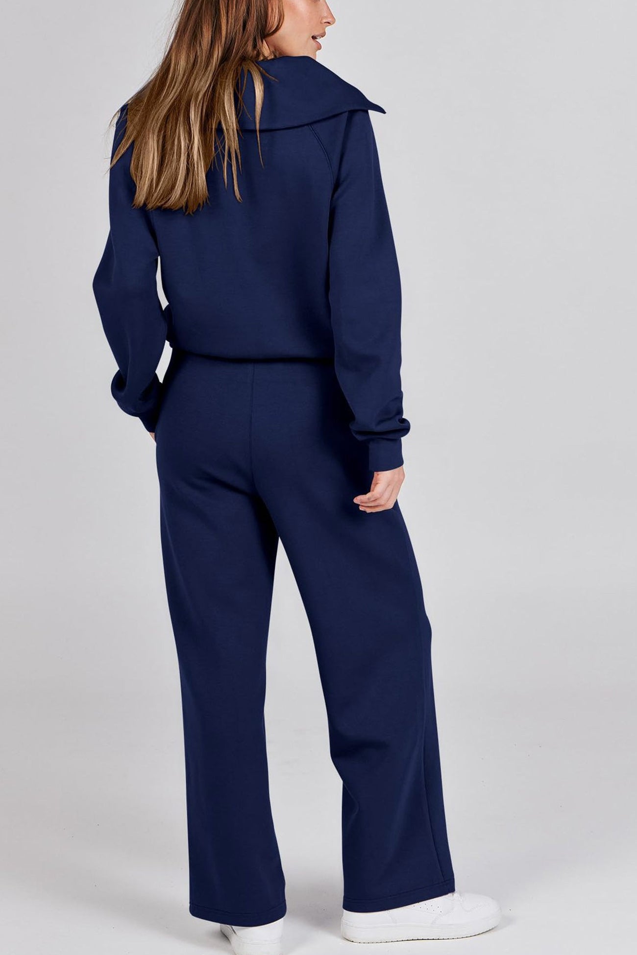 WW | Langes Hosen-Set mit weitem Bein und Revers-Reißverschluss-Sweatshirt