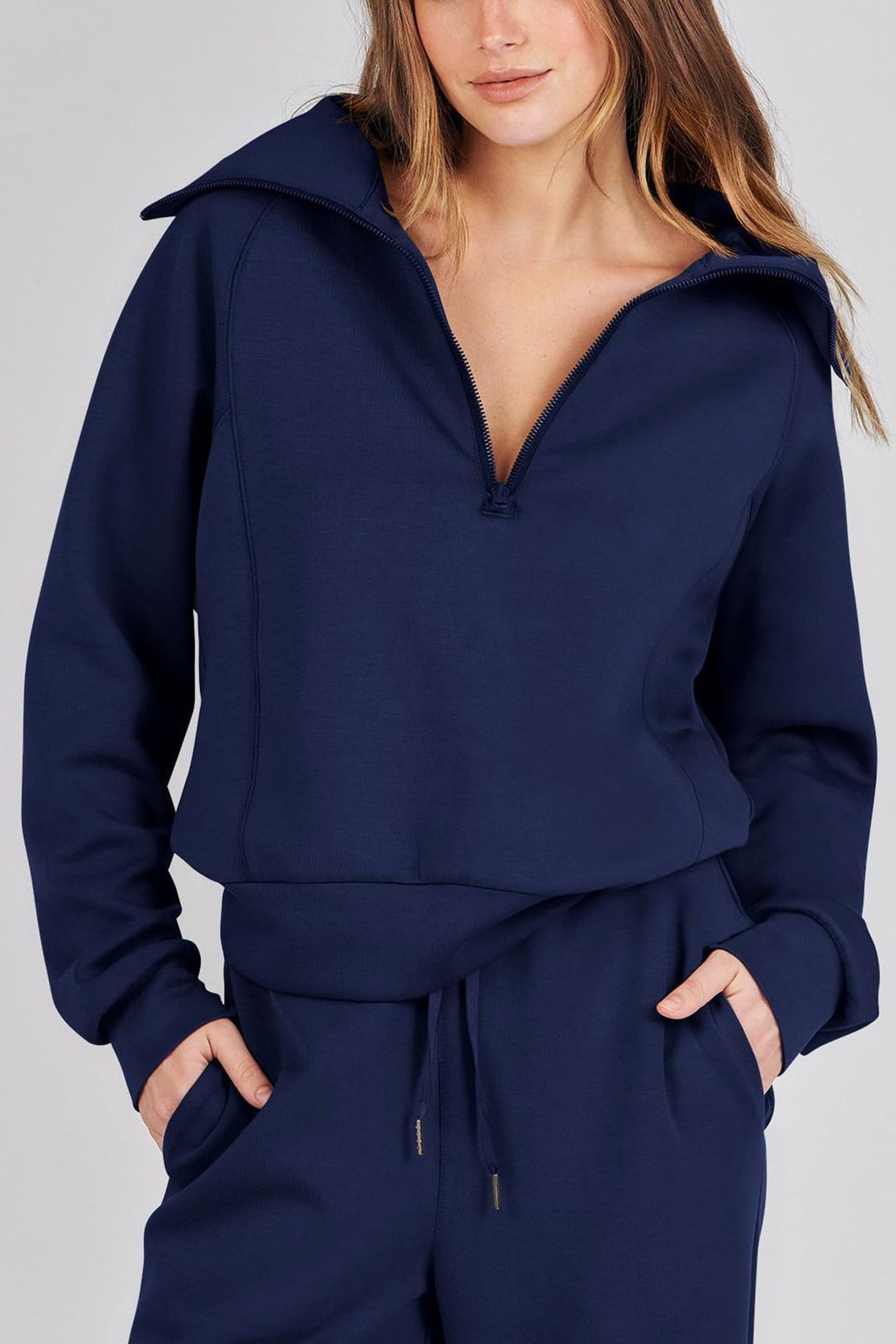 WW | Langes Hosen-Set mit weitem Bein und Revers-Reißverschluss-Sweatshirt