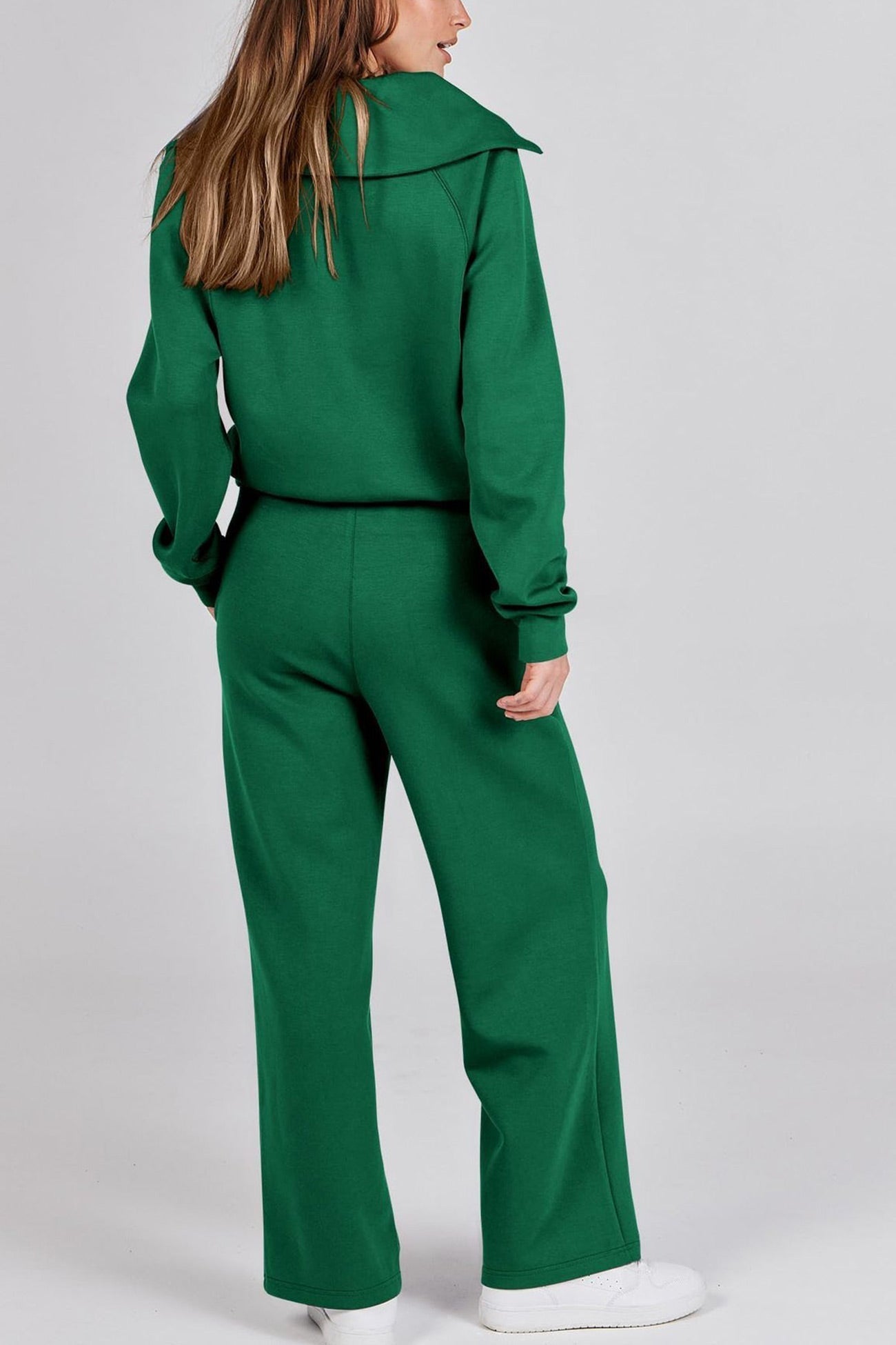 WW | Langes Hosen-Set mit weitem Bein und Revers-Reißverschluss-Sweatshirt