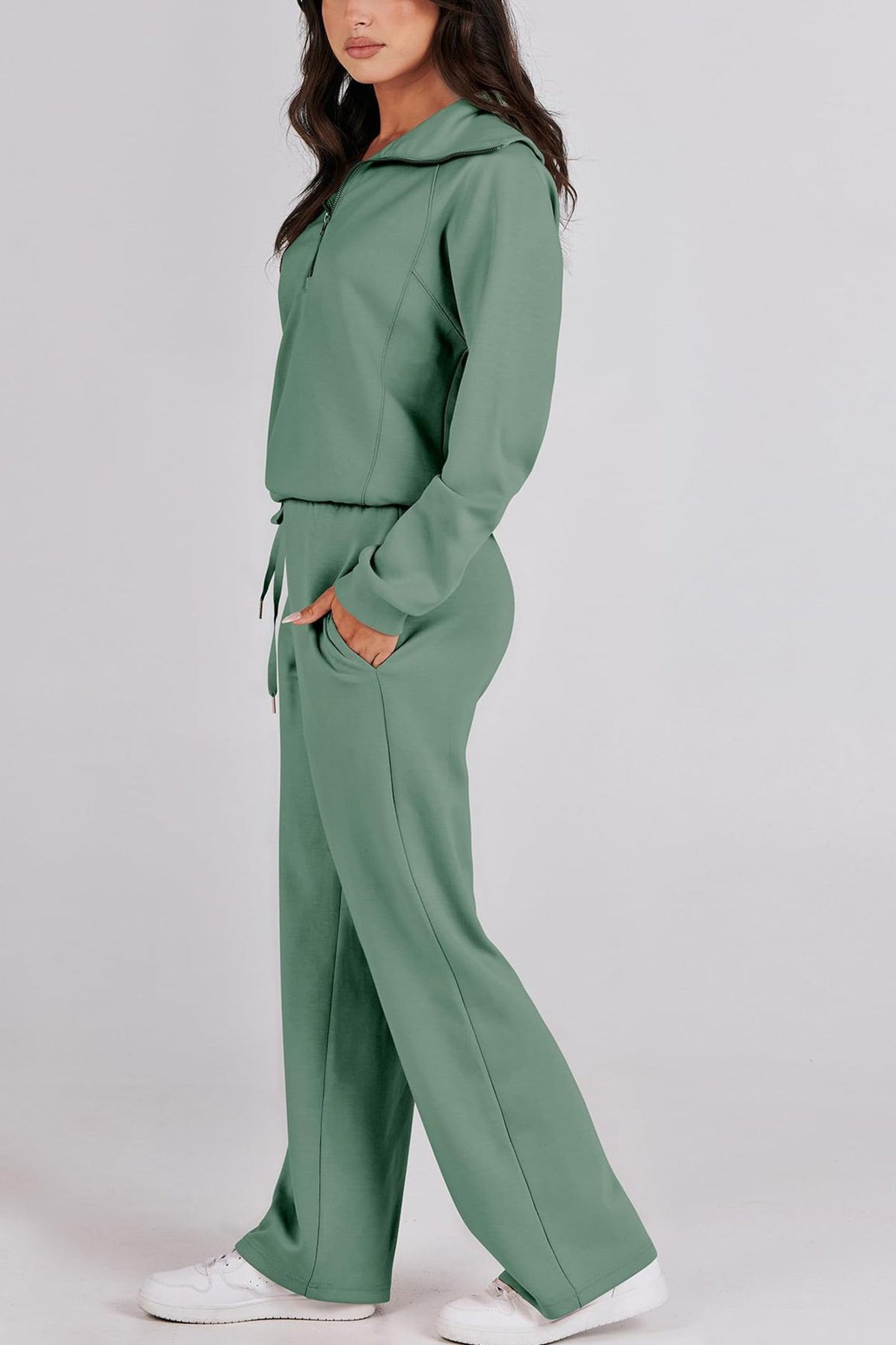 WW | Langes Hosen-Set mit weitem Bein und Revers-Reißverschluss-Sweatshirt