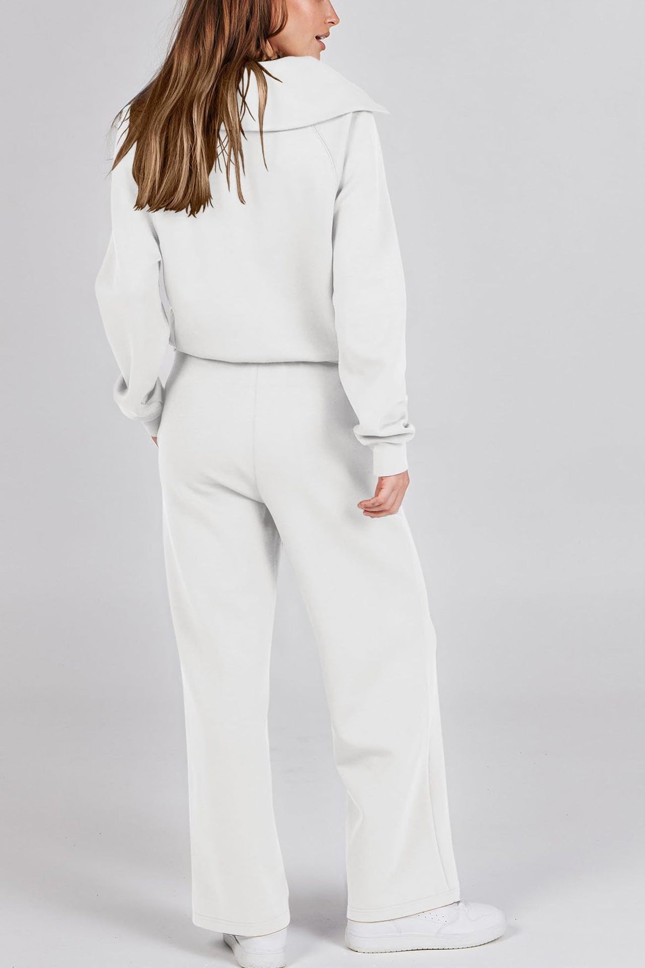 WW | Langes Hosen-Set mit weitem Bein und Revers-Reißverschluss-Sweatshirt