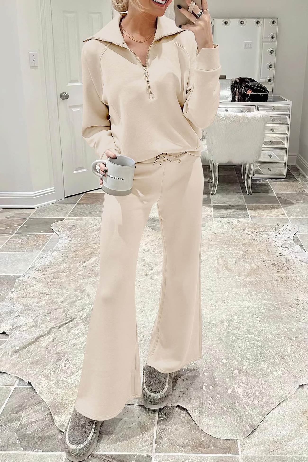 WW | Langes Hosen-Set mit weitem Bein und Revers-Reißverschluss-Sweatshirt