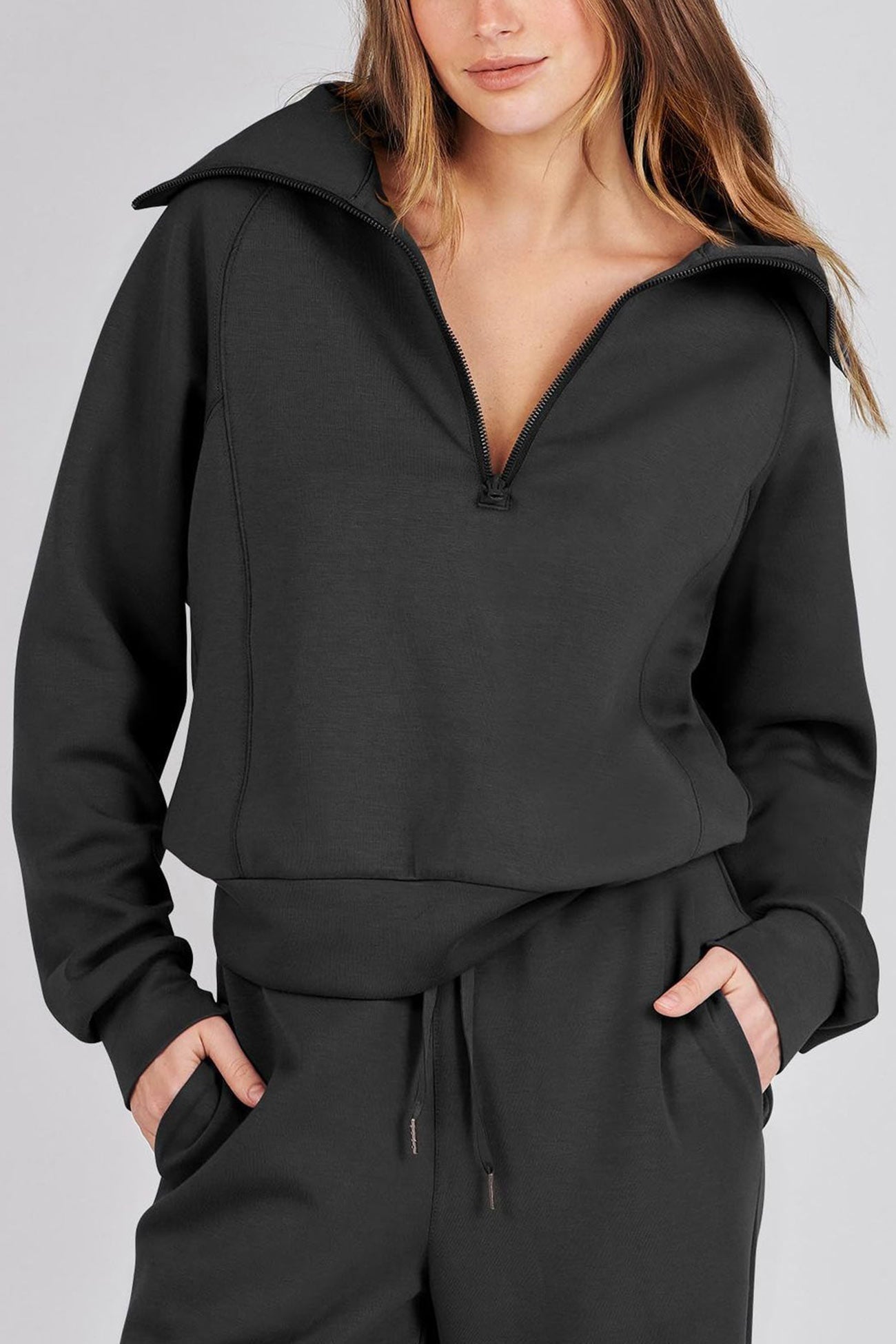 WW | Langes Hosen-Set mit weitem Bein und Revers-Reißverschluss-Sweatshirt