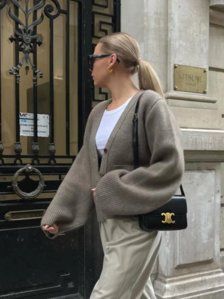 WW | Damen Stilvoll Strickcardigan mit Knopfverschluss und V-Ausschnitt