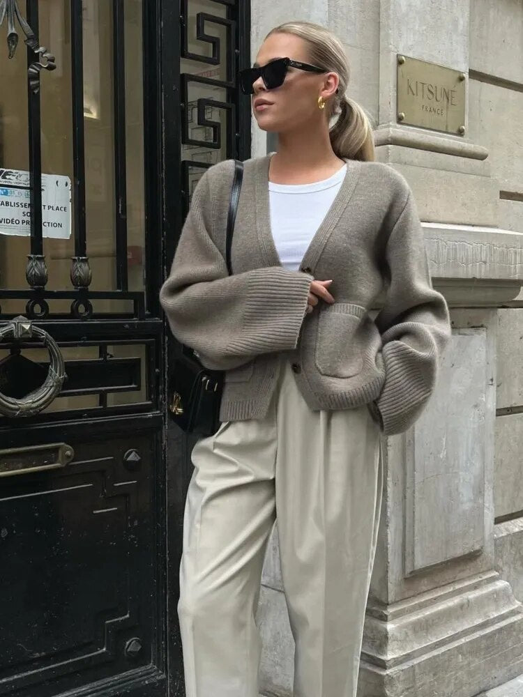 WW | Damen Stilvoll Strickcardigan mit Knopfverschluss und V-Ausschnitt