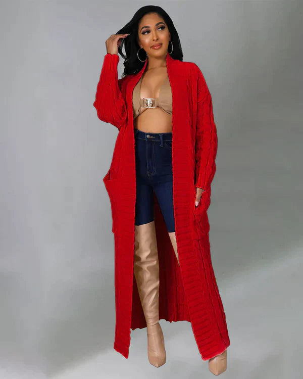 WW | Strick-Cardigan mit Zopfmuster & Taschen - Kuscheliger Oversize Mantel für Herbst, Winter & Freizeit