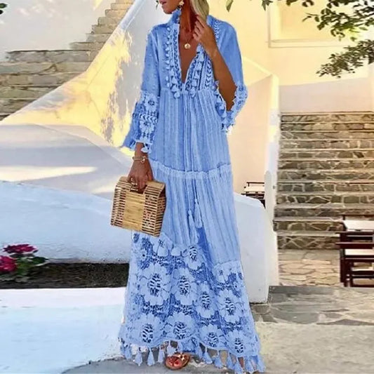 WW | Long Boho Dress With Lace And Tassels