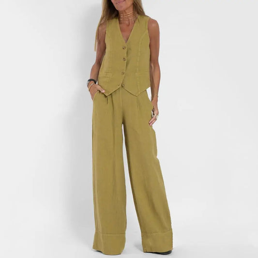 WW | Ärmellose Leinenjacke und weite Hose für Damen