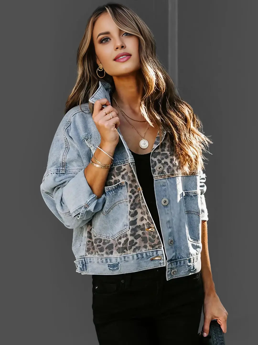 WW | Leopard Accent Denim Jacket Bold and Stylish