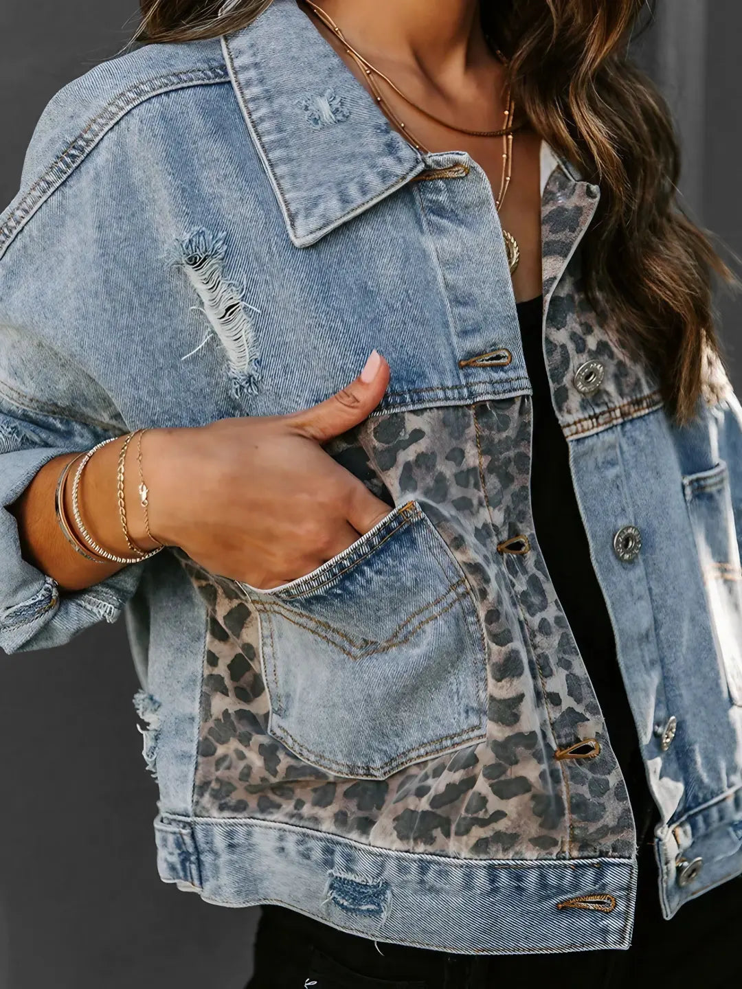 WW | Leopard Accent Denim Jacket Bold and Stylish
