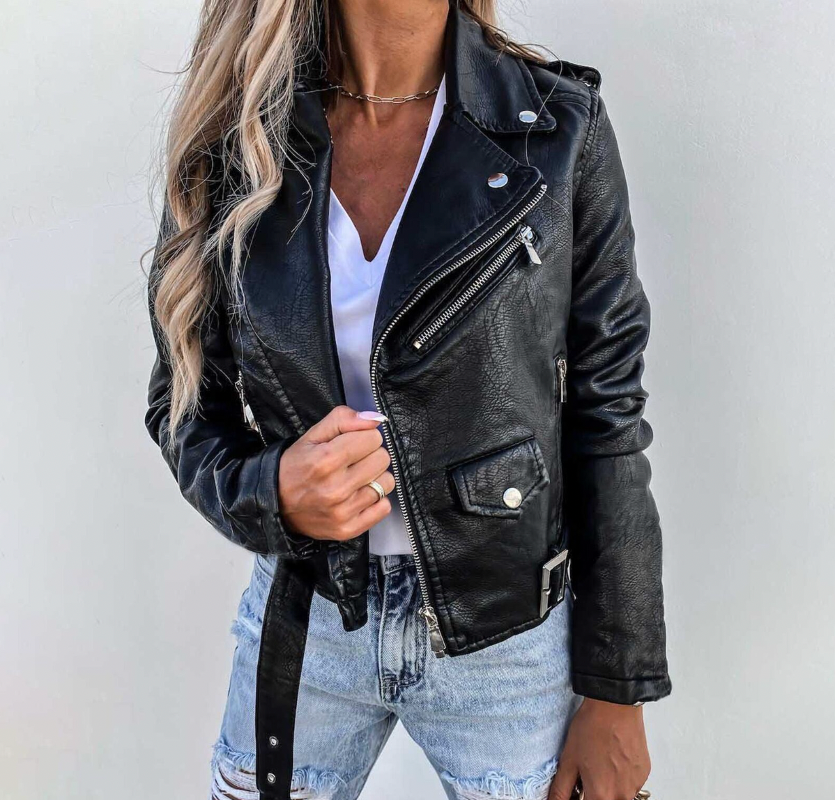 WW | Gürtel Zip up Bikerjacke Leder Damenjacke