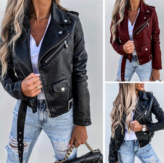 WW | Belted Zip Up Biker Jacket Women's Leather Jacket
