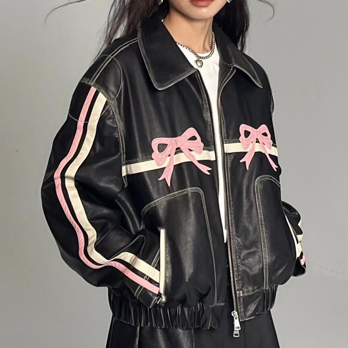 WW | Schleifenprint Retro Bikerjacke Leder Damenjacke