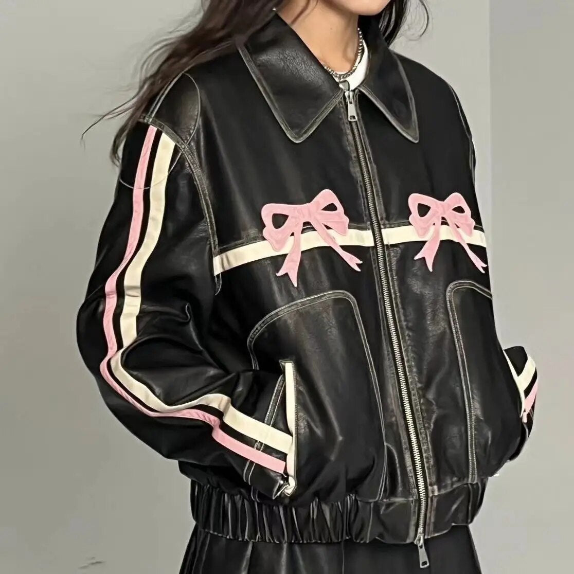 WW | Schleifenprint Retro Bikerjacke Leder Damenjacke