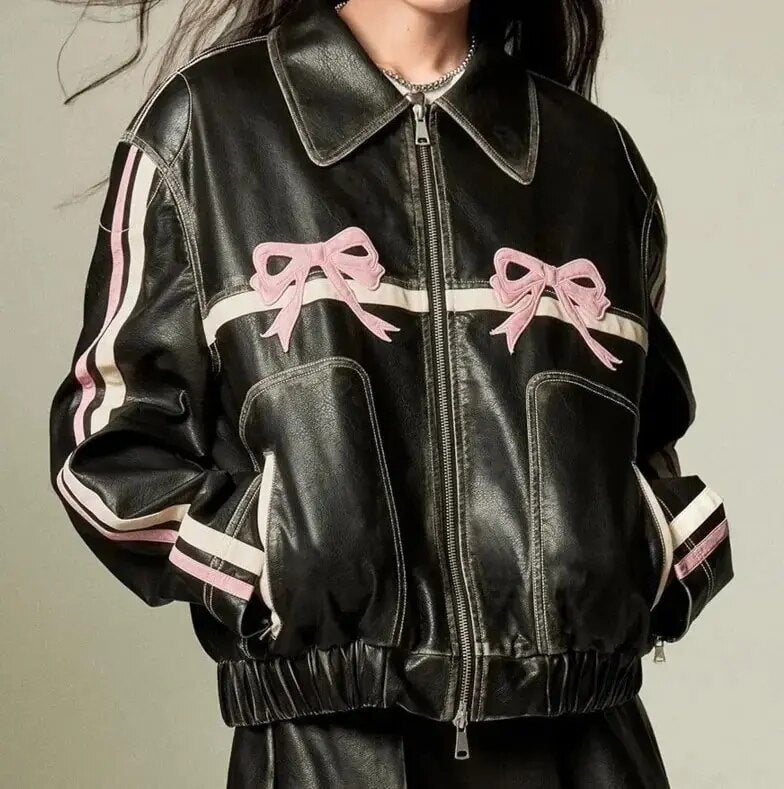 WW | Schleifenprint Retro Bikerjacke Leder Damenjacke