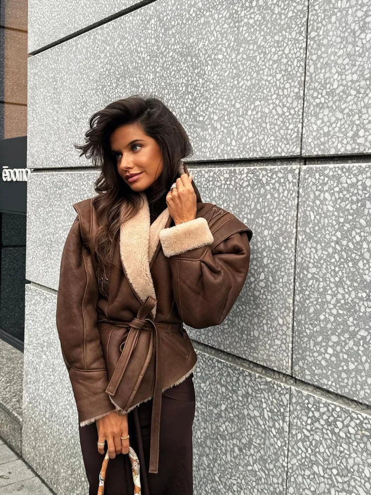 WW | Fleece Futter Braun Gürtel mit Kunstpelz für Frauen