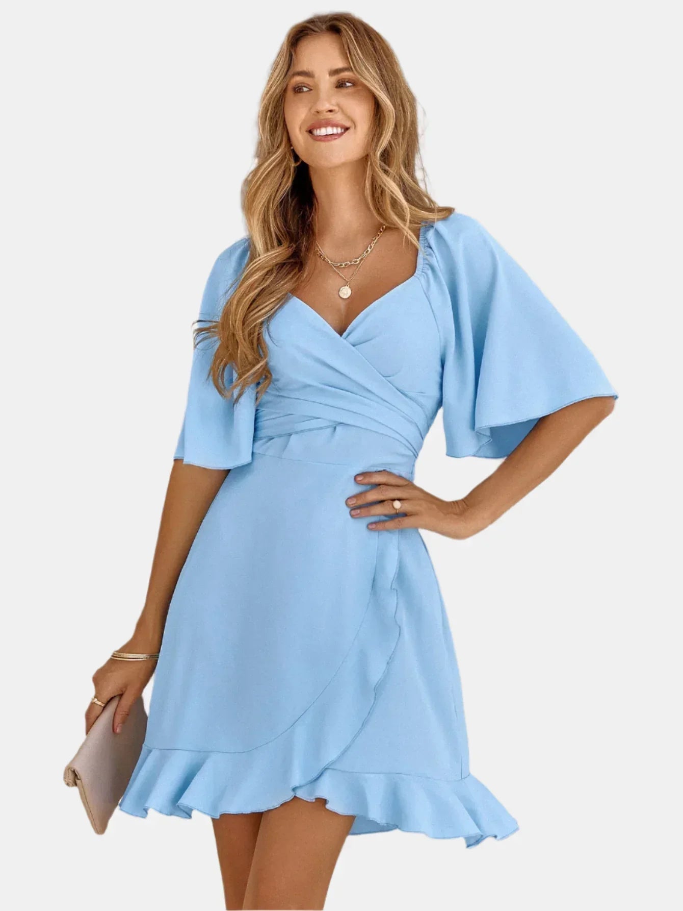 WW | Elegantes Kleid mit V-Ausschnitt und Rüschen Am Saum