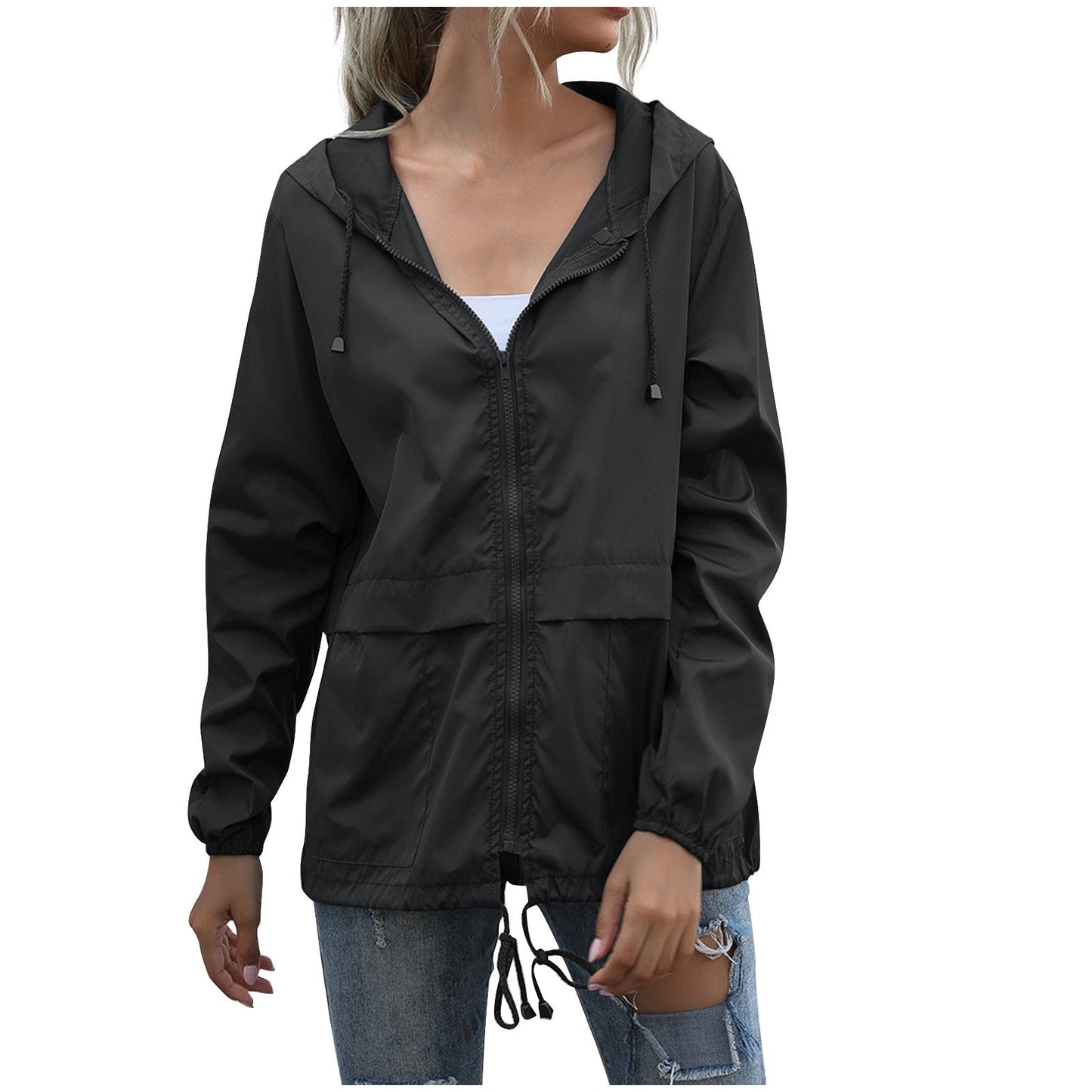 WW | Damen Leichte Regenjacke mit Kapuze und Reißverschluss