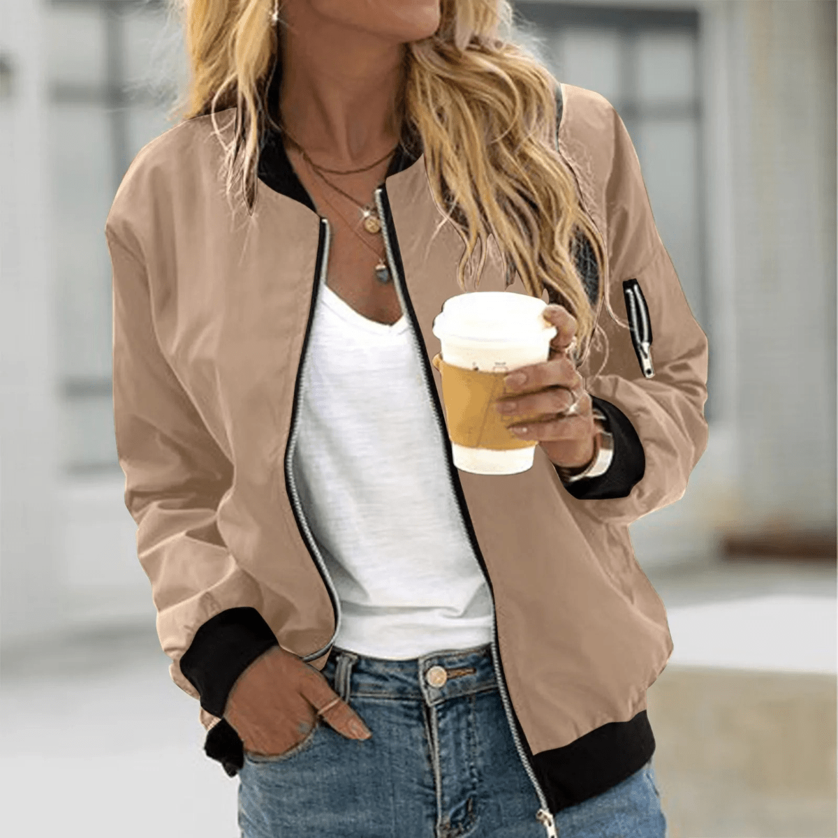 WW | Leichte Damen Relaxed Fit Bomberjacke mit Reißverschluss Tasche Herwick