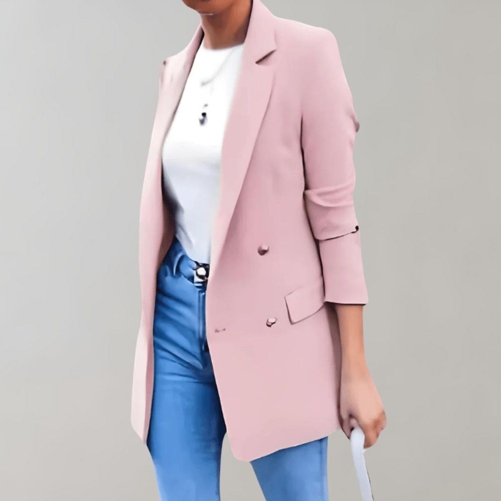 WW | Double-Breasted Blazer - Elegant long blazer with lapel collar and 3/4-sleeves
