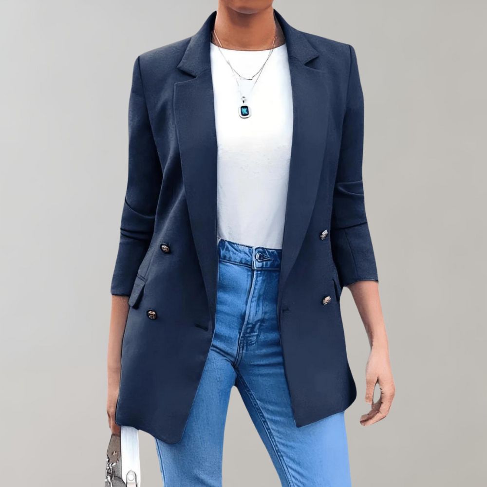 WW | Double-Breasted Blazer - Elegant long blazer with lapel collar and 3/4-sleeves