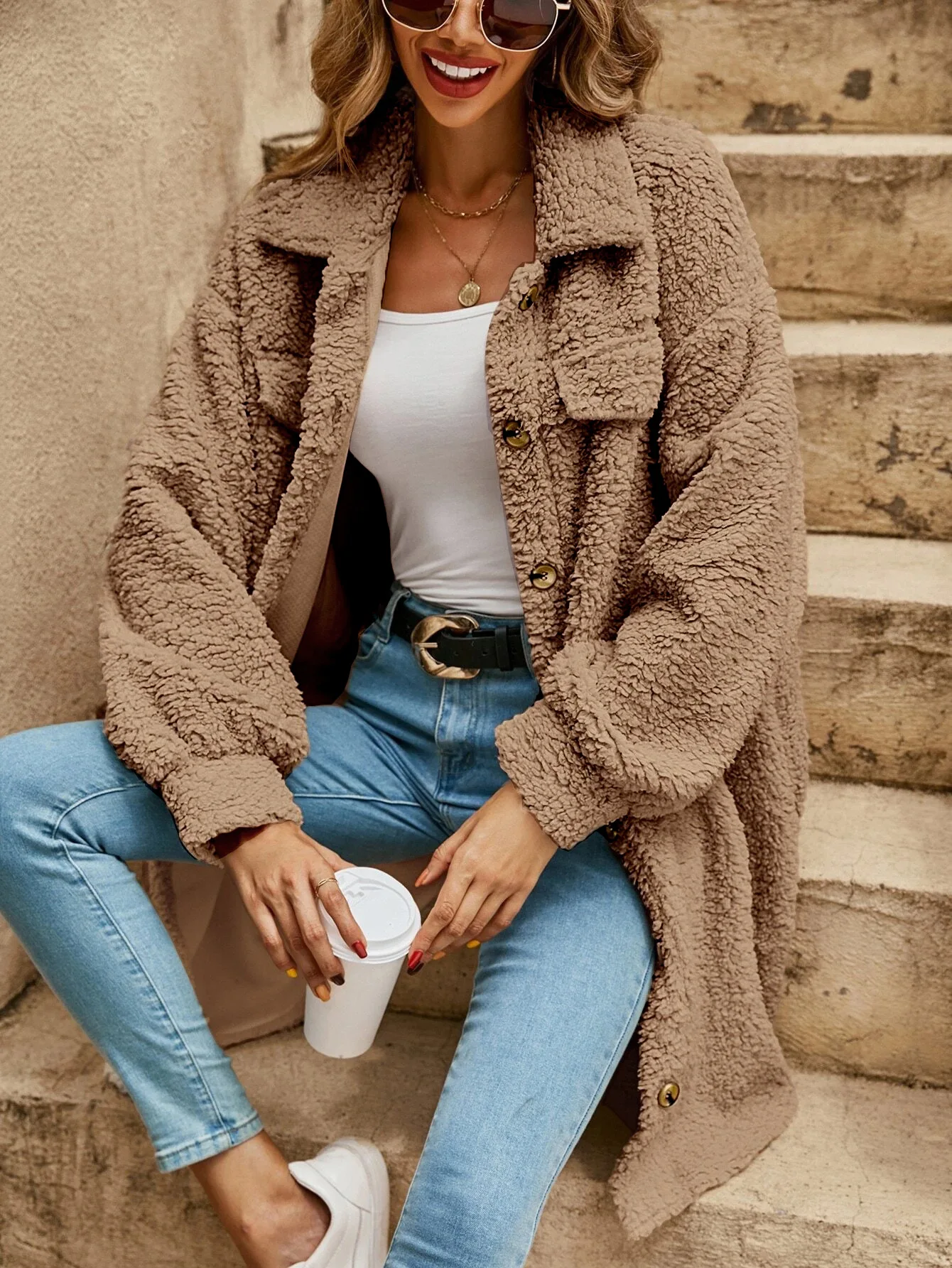 WW | Damen Langer Teddy Cardigan mit Knopfverschluss und Langen Ärmeln