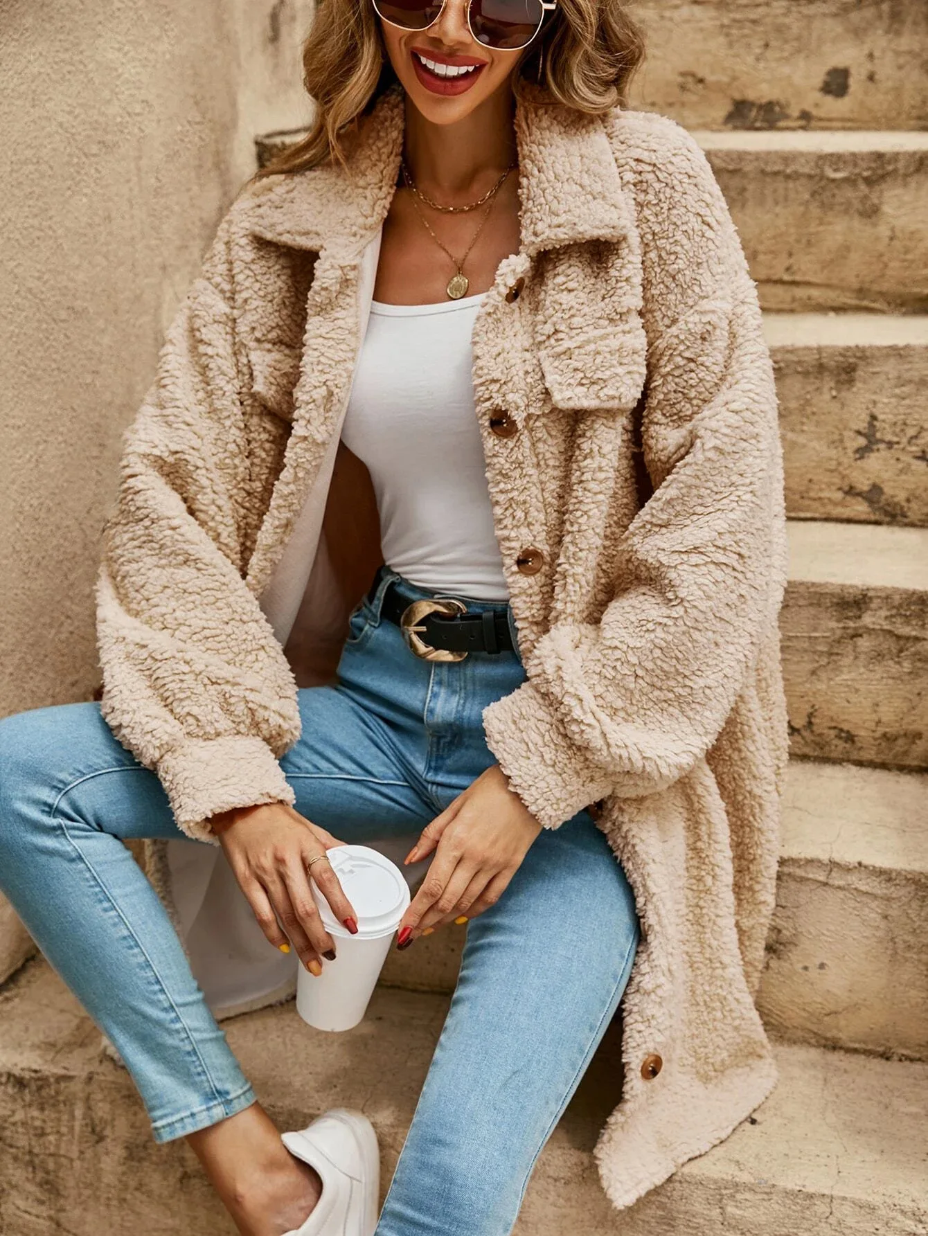 WW | Damen Langer Teddy Cardigan mit Knopfverschluss und Langen Ärmeln