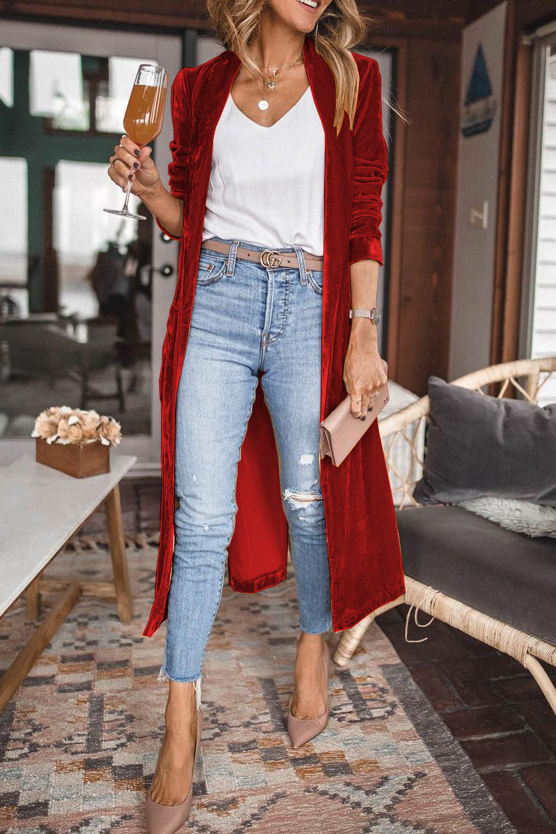 WW | Damen Samt Cardigan mit Langen Ärmeln