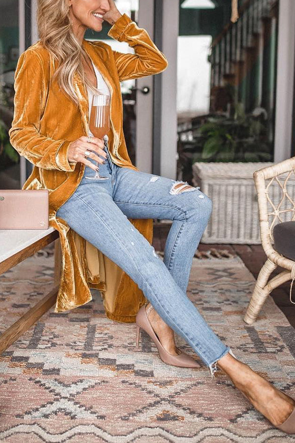 WW | Damen Samt Cardigan mit Langen Ärmeln