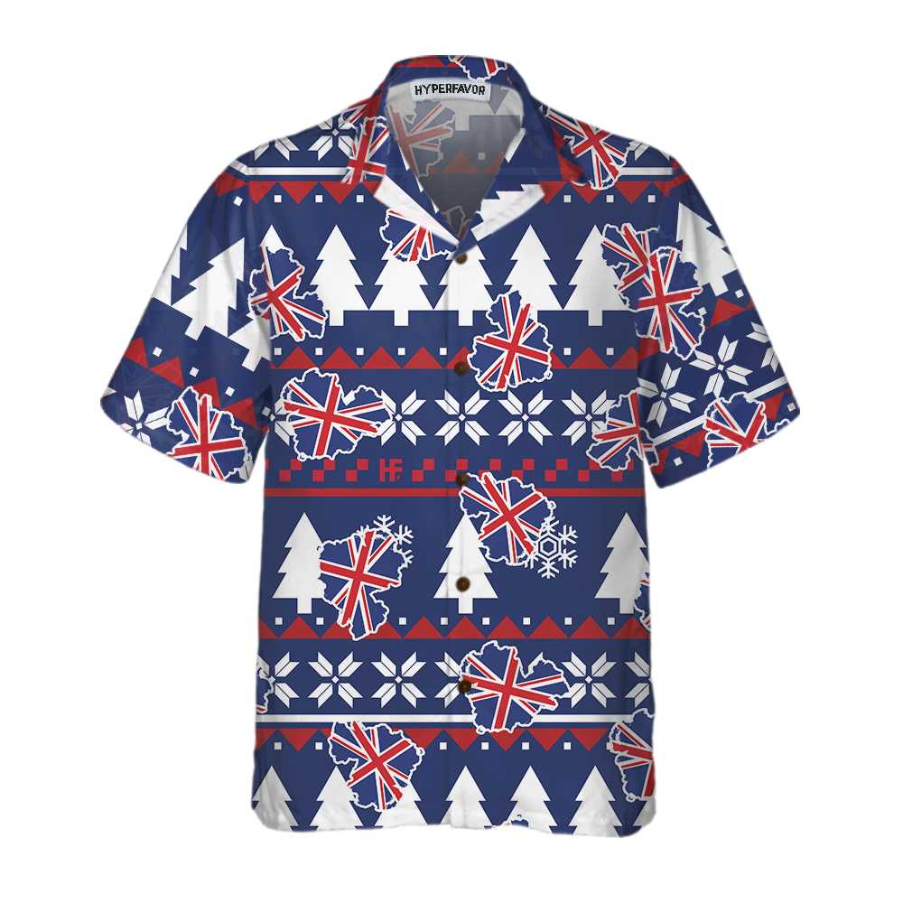 WW | London Ugly Christmas Muster Hawaiian-Shirt, England Flag Weihnachtshemd für Männer