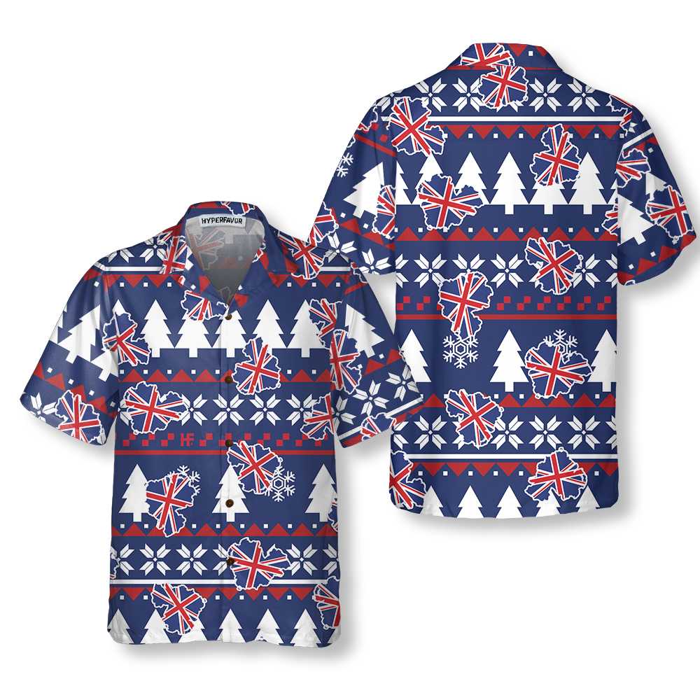 WW | London Ugly Christmas Muster Hawaiian-Shirt, England Flag Weihnachtshemd für Männer