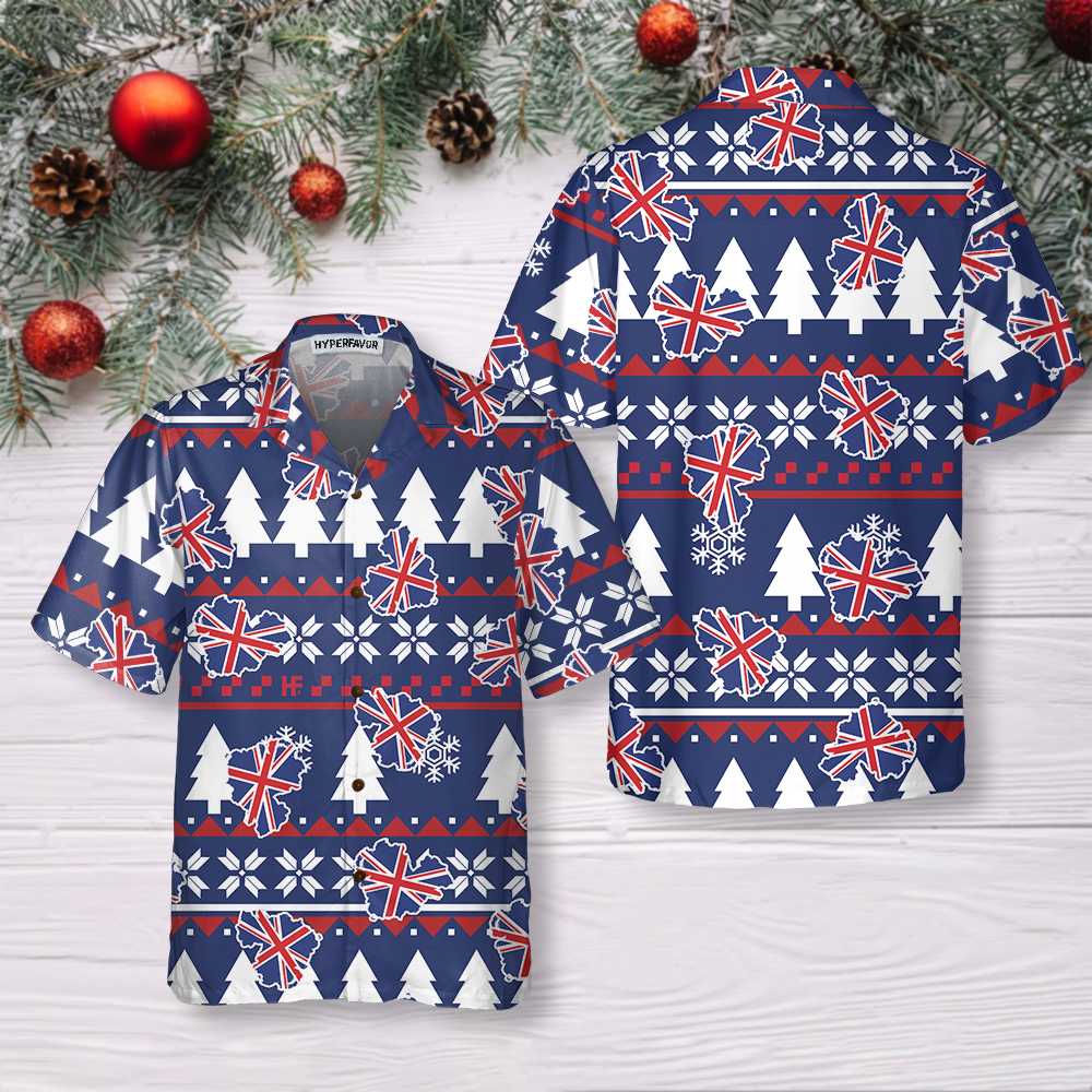WW | London Ugly Christmas Muster Hawaiian-Shirt, England Flag Weihnachtshemd für Männer