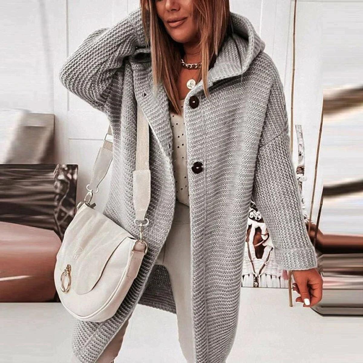 WW | Langer Warmer Kapuzenpullover Strickstrickjacke