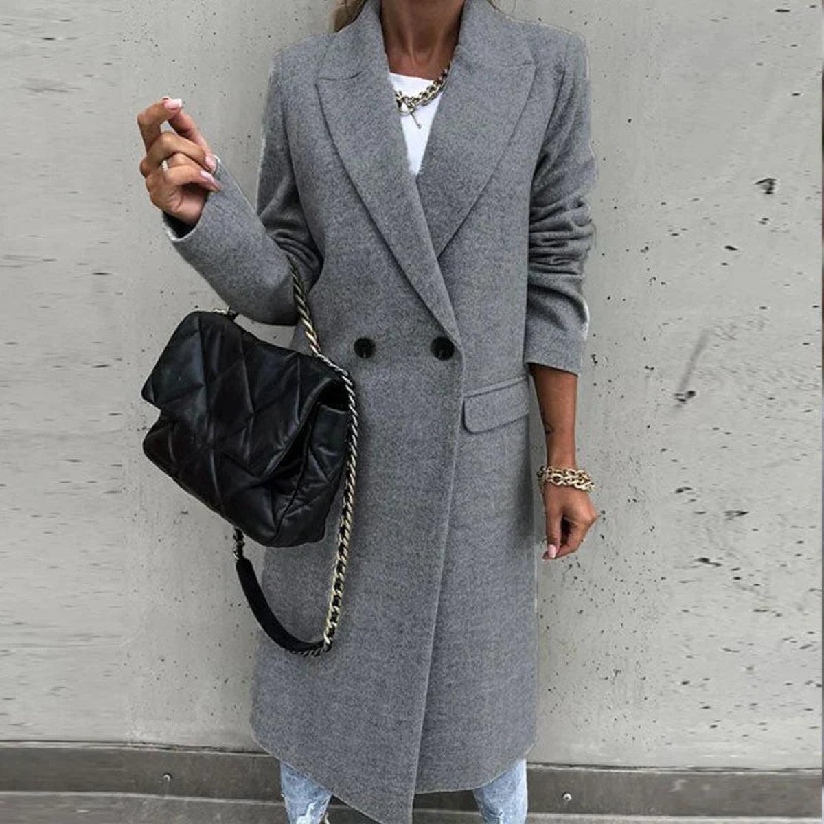 WW | Langer Damen Wollmischmantel mit Knopfleiste und Seitlichen Taschen
