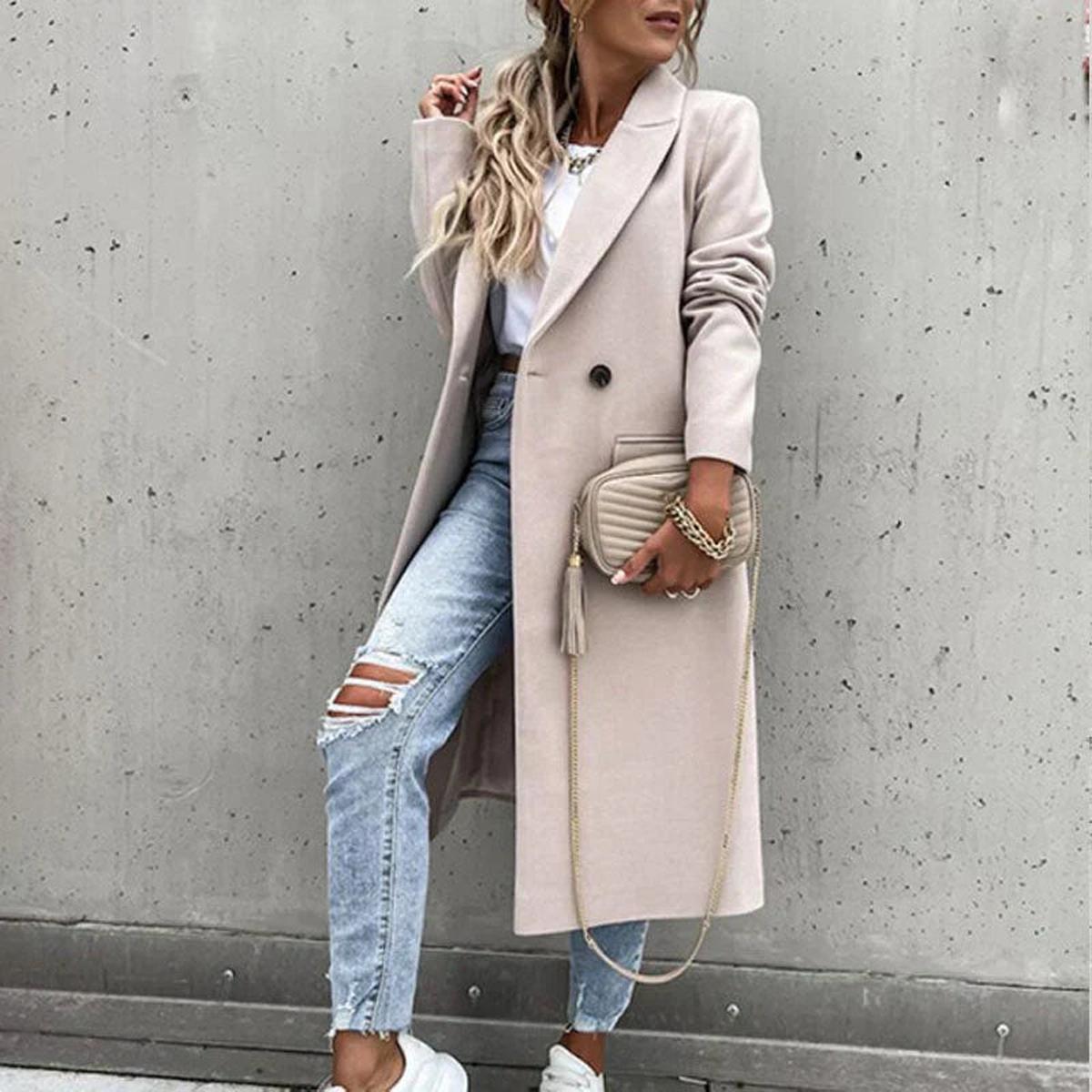 WW | Langer Damen Wollmischmantel mit Knopfleiste und Seitlichen Taschen