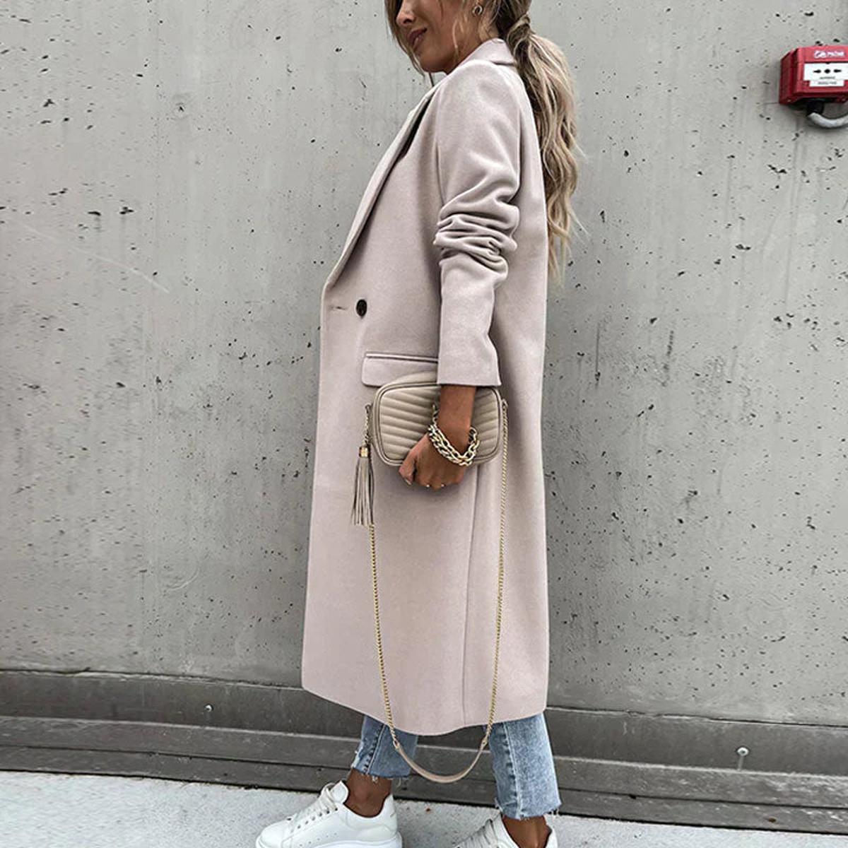 WW | Langer Damen Wollmischmantel mit Knopfleiste und Seitlichen Taschen