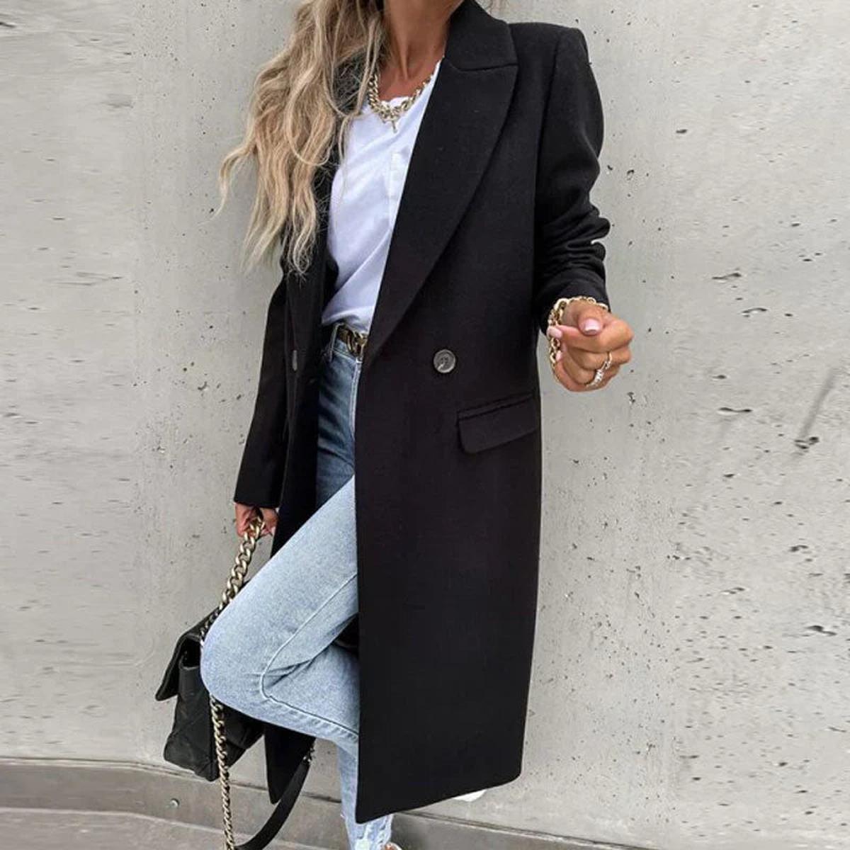 WW | Langer Damen Wollmischmantel mit Knopfleiste und Seitlichen Taschen
