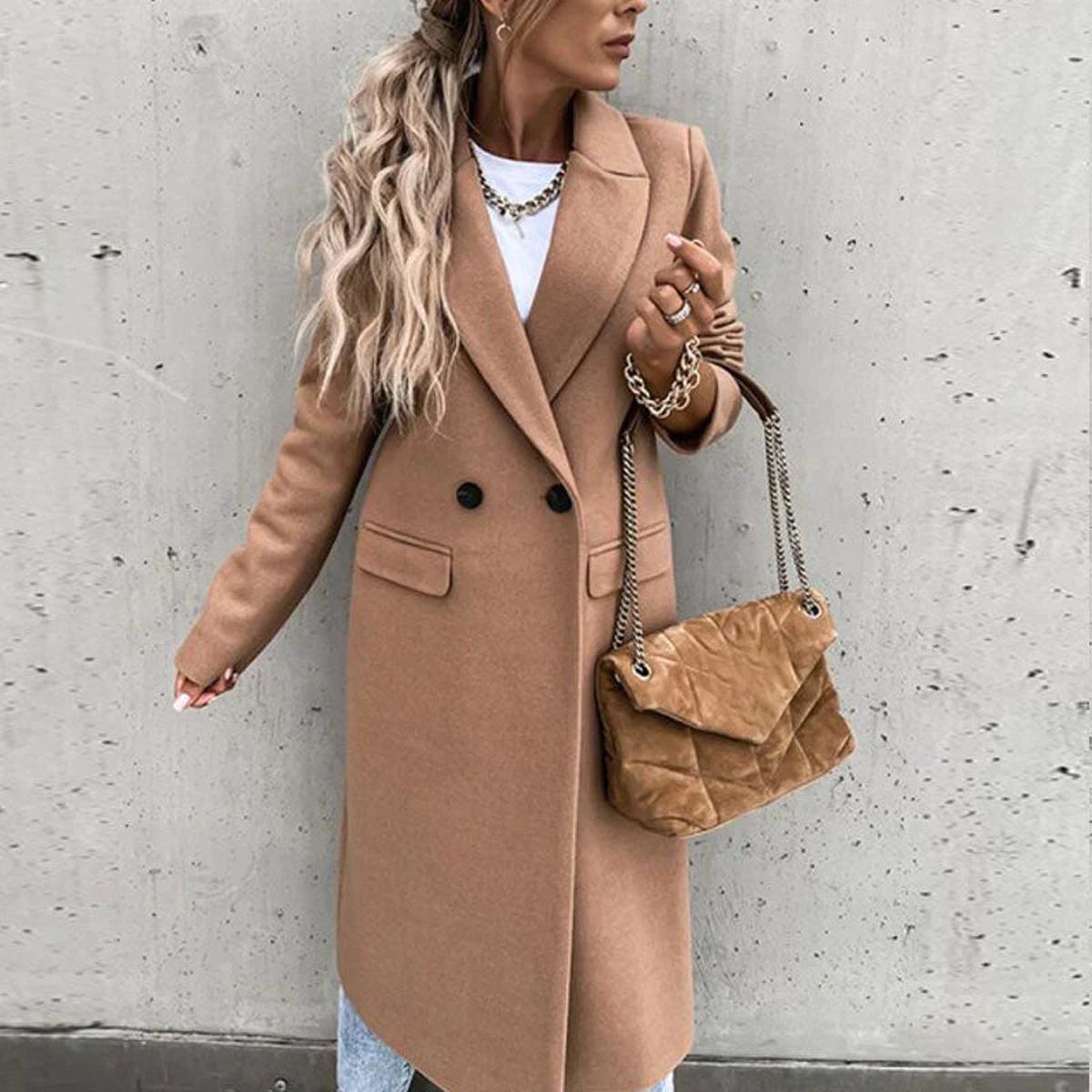 WW | Langer Damen Wollmischmantel mit Knopfleiste und Seitlichen Taschen