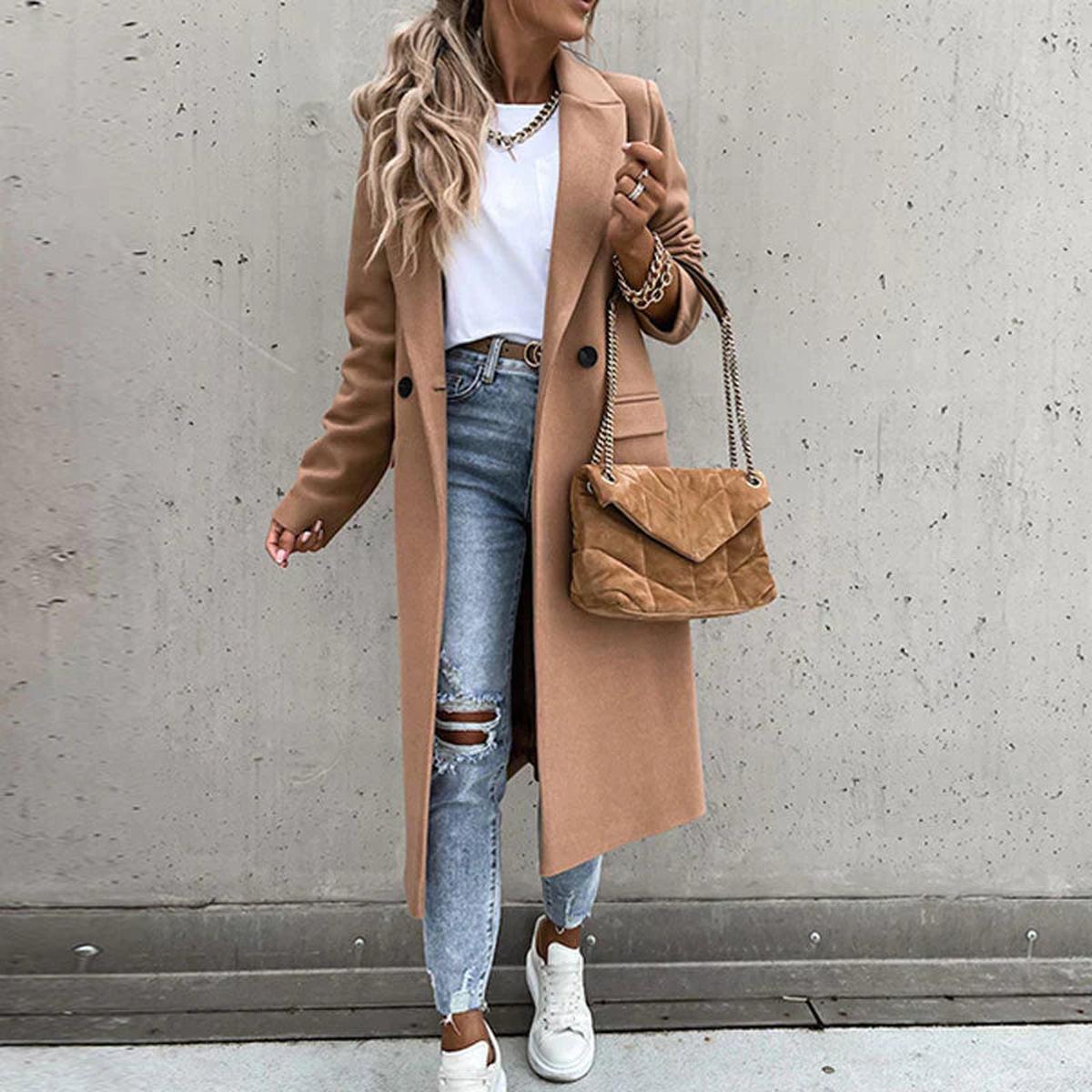 WW | Langer Damen Wollmischmantel mit Knopfleiste und Seitlichen Taschen