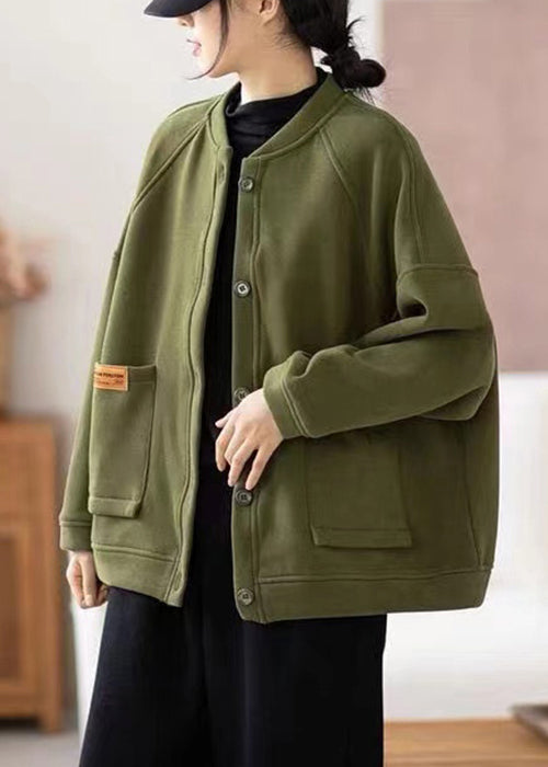 WW | Army Green Button Pocket Warm Fleece Coats
